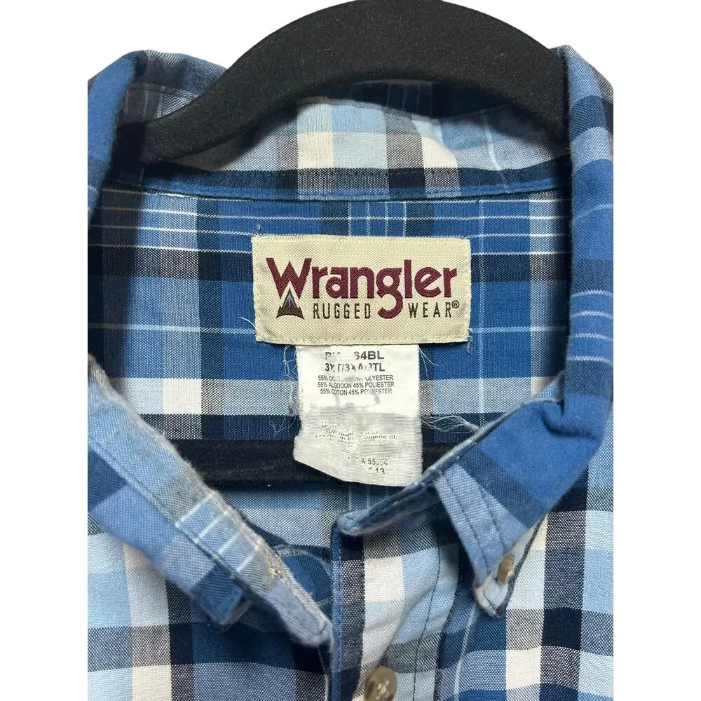Wrangler Rugged Wear‎ Plaid Button Down Shirt Blue 3XL Tall